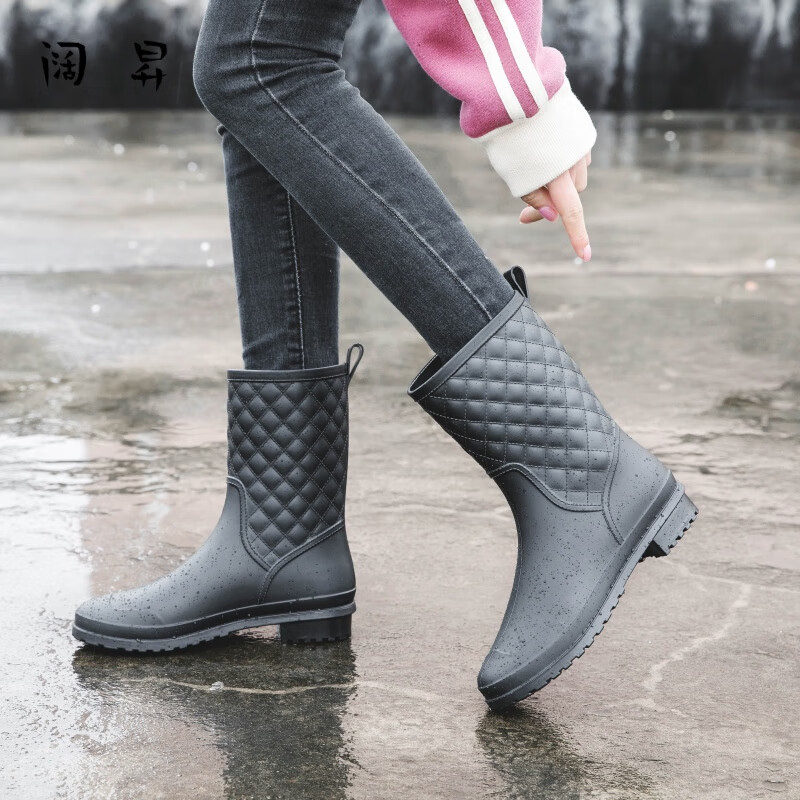 阔昇女士中筒防滑雨鞋塑胶防水雨靴格子款外穿水鞋卖鱼穿水靴一次成型