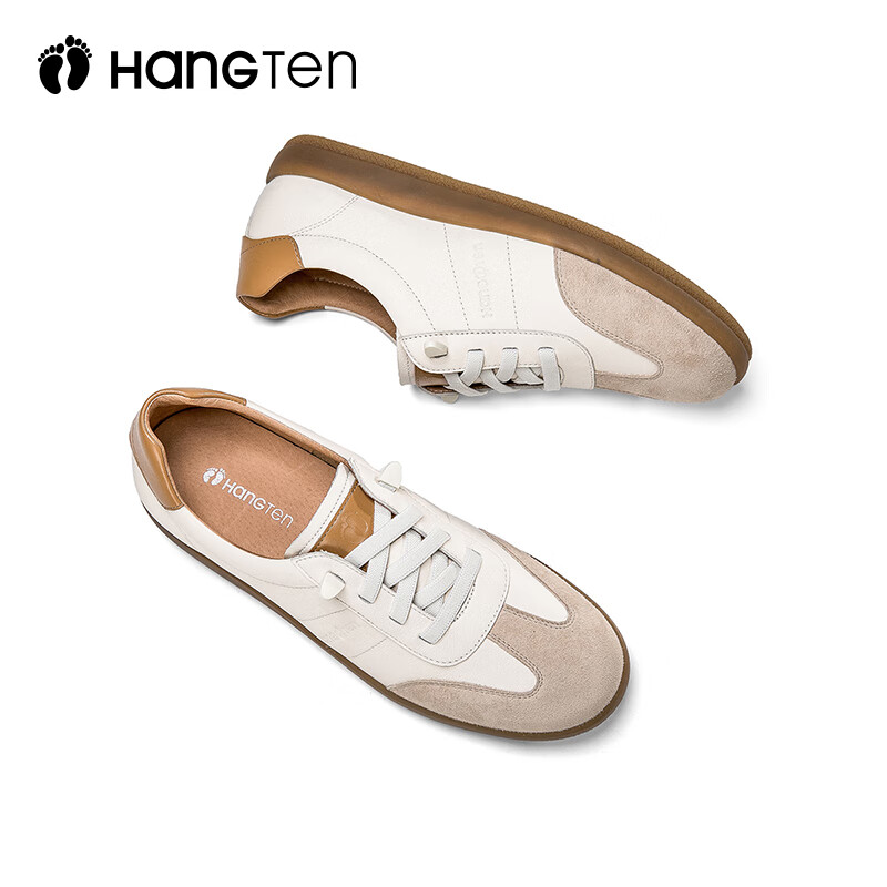 欢腾(HANG TEN)休闲运动鞋女复古潮流时尚百搭板鞋女防滑耐磨平底德训女鞋 米白棕(皮鞋码) 39