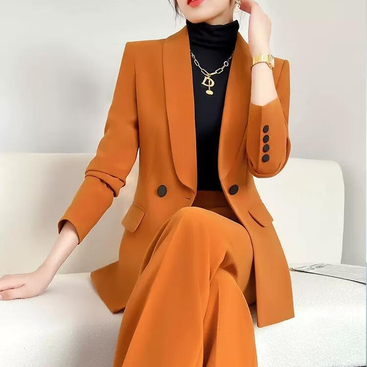 宇严大码女装套装春秋胖妹妹时尚青果领橘色西装套装女2023春装新款气