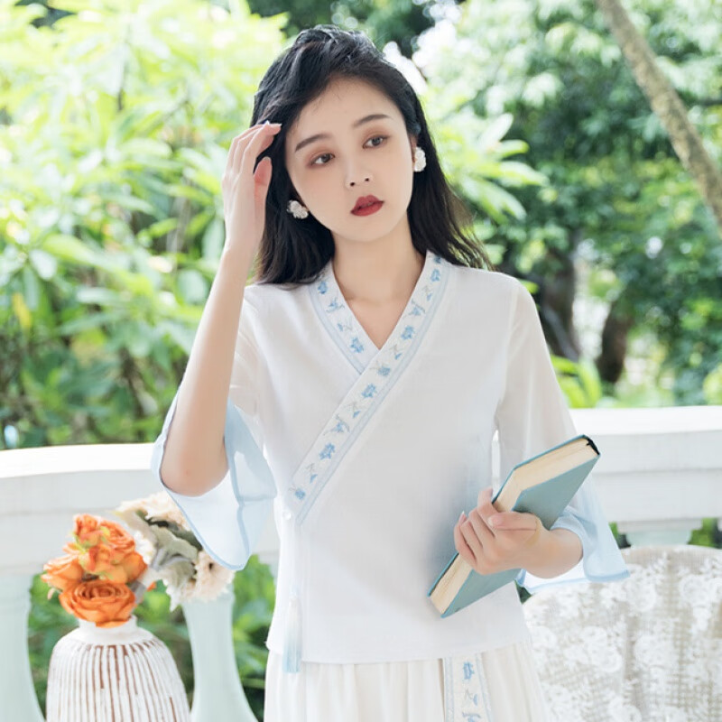 hiewi实拍新中式国风刺绣斜襟七分袖上衣改良汉元素雪纺大摆裙闺蜜