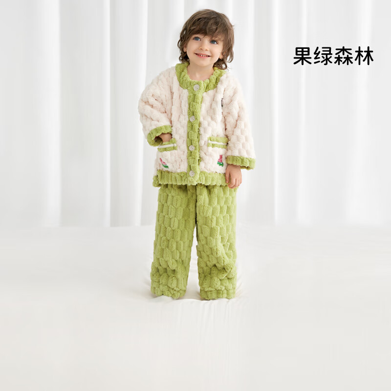 欧孕（OUYUN）珊瑚绒儿童睡衣秋冬新款男童女童宝宝保暖家居服加厚套装 果绿森林 120cm 推荐身高115-125cm