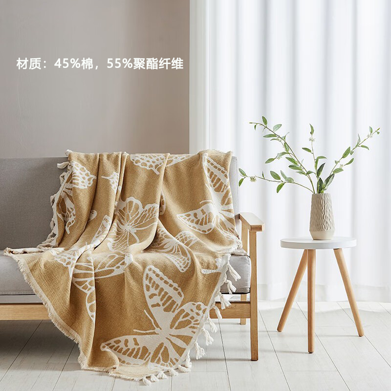 VTX外贸欧美午睡毯休闲毯车载沙发毯全盖毯流苏毯田园小清新保暖披肩 黄色树叶 127*153CM