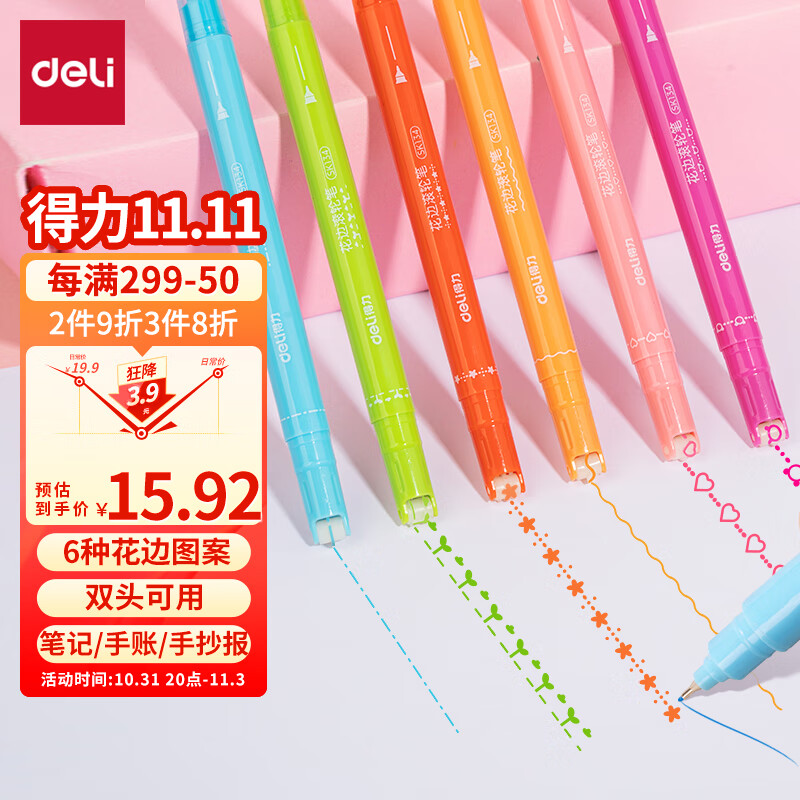 得力(deli)花型滚动轮廓笔小学生压花荧光笔 划重点标记手账手抄报DIY装饰笔 彩色6支/盒SK134属于什么档次？