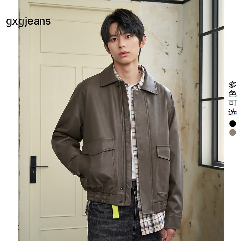 gxg.jeans男装2025年春季黑色翻领PU皮帅气机车夹克外套 咖色 XL (180)