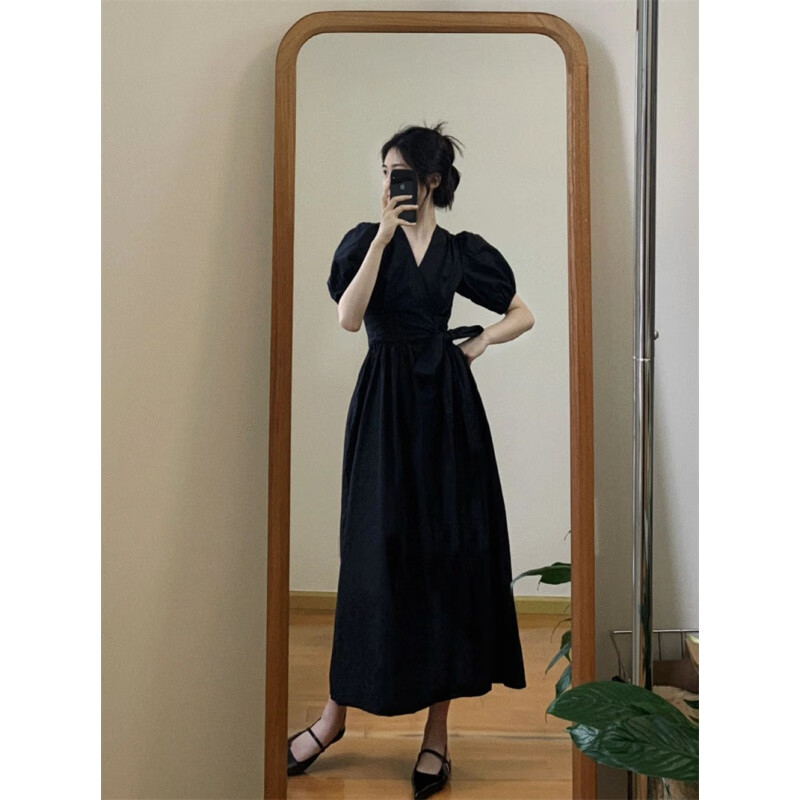酷虎客一片式连衣裙一片式系带连衣裙年夏季气质显瘦黑色裙子 黑色 s
