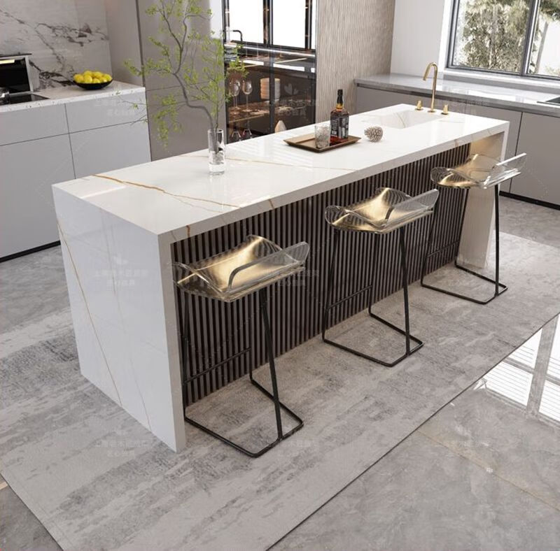 林村吧台桌家用茶水吧台大理石台面简约现代客厅隔断小型带灯水吧中岛