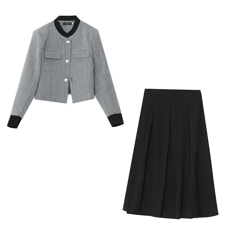 轩辰微胖法式复古通勤风撞色气质两件套秋洋气半身裙套装女 灰色套装