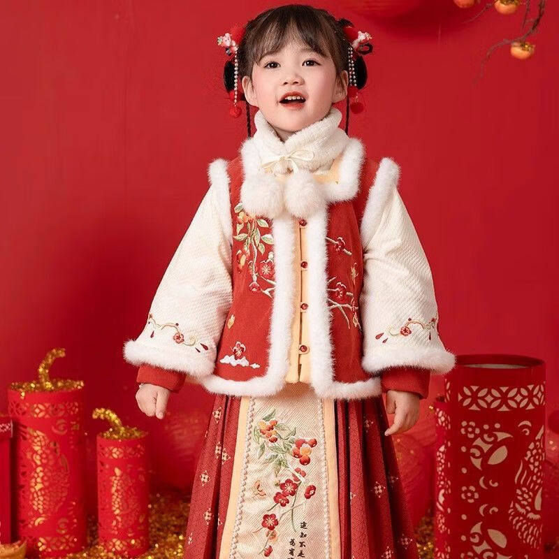 衣场龙年马面裙冬季加绒加厚女童儿童拜年服红色喜庆宝宝汉服套装古风