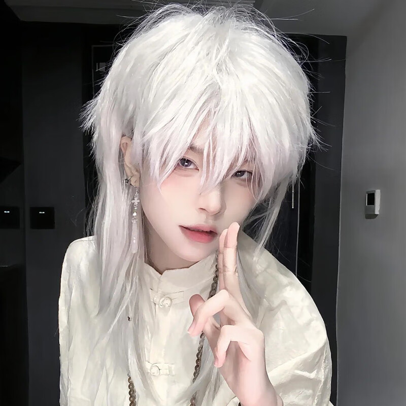 长发日系酷炫拖尾动漫cos正太少年二次元全头套式 中长发 纯白色 发网