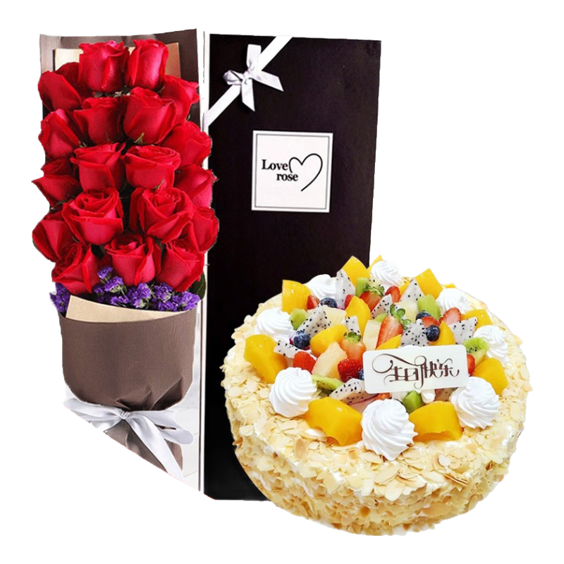 許愿一刻 生日蛋糕鮮花蛋糕套餐組合預(yù)定當(dāng)日送達(dá)同城配送送女友老婆閨蜜 B款-19朵紅玫瑰禮盒+水果蛋糕 12寸