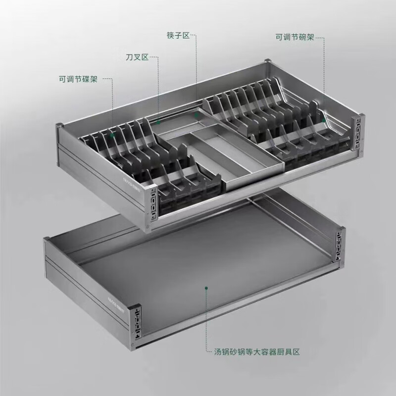 耐斯克魔晶极薄铝碗碟篮厨房橱柜拉篮双层置物架抽屉式收纳拉篮 900柜体（碗篮+平篮）