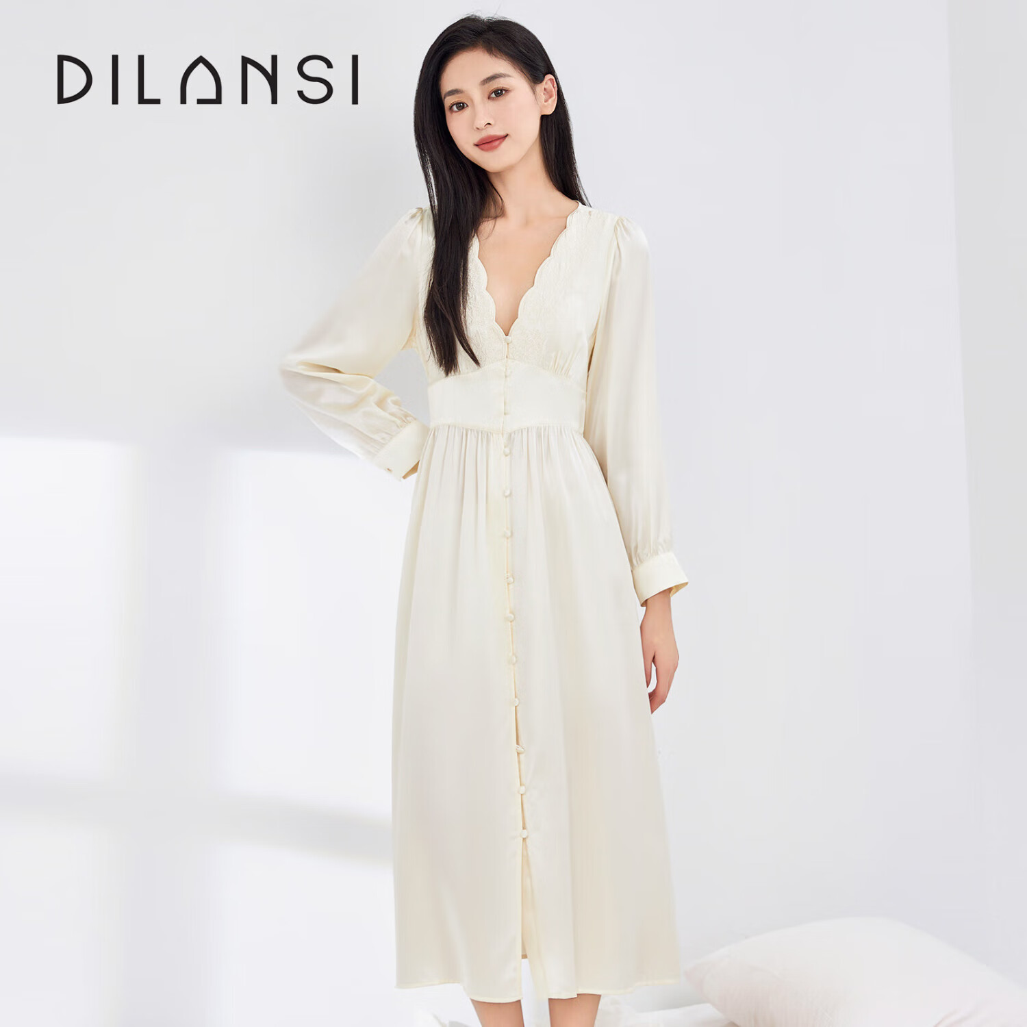 狄兰丝真丝睡裙女法式刺绣性感丝绸睡衣裙100%桑蚕丝睡衣新品中长裙v领 桃花粉（19姆米重磅真丝） L 建议115-130斤