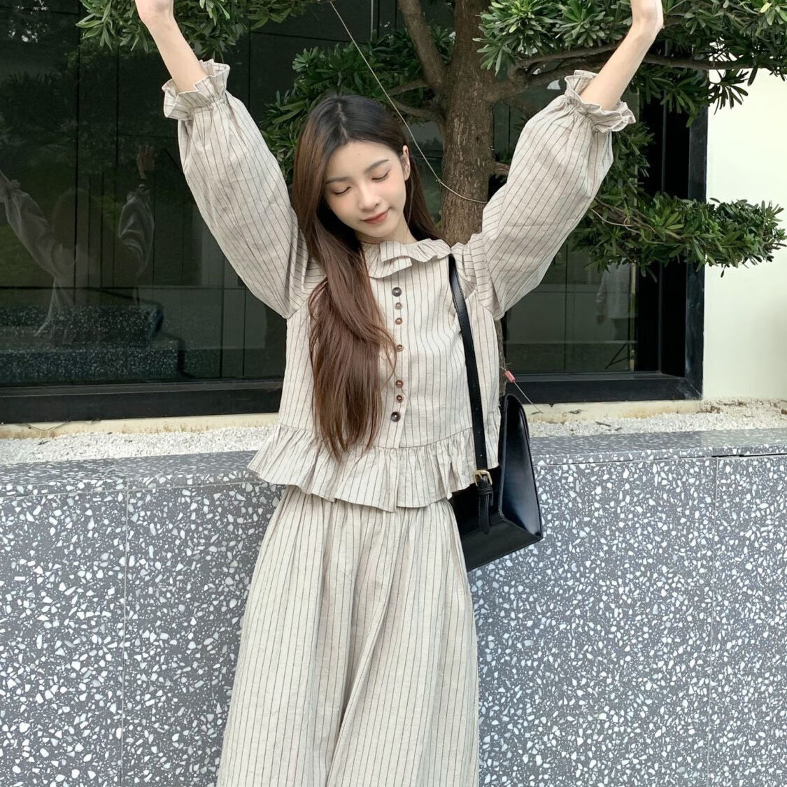 乐拓健秋冬款衬衫女学生韩版学院风女生衬衣两件套装春秋新款灰色外穿