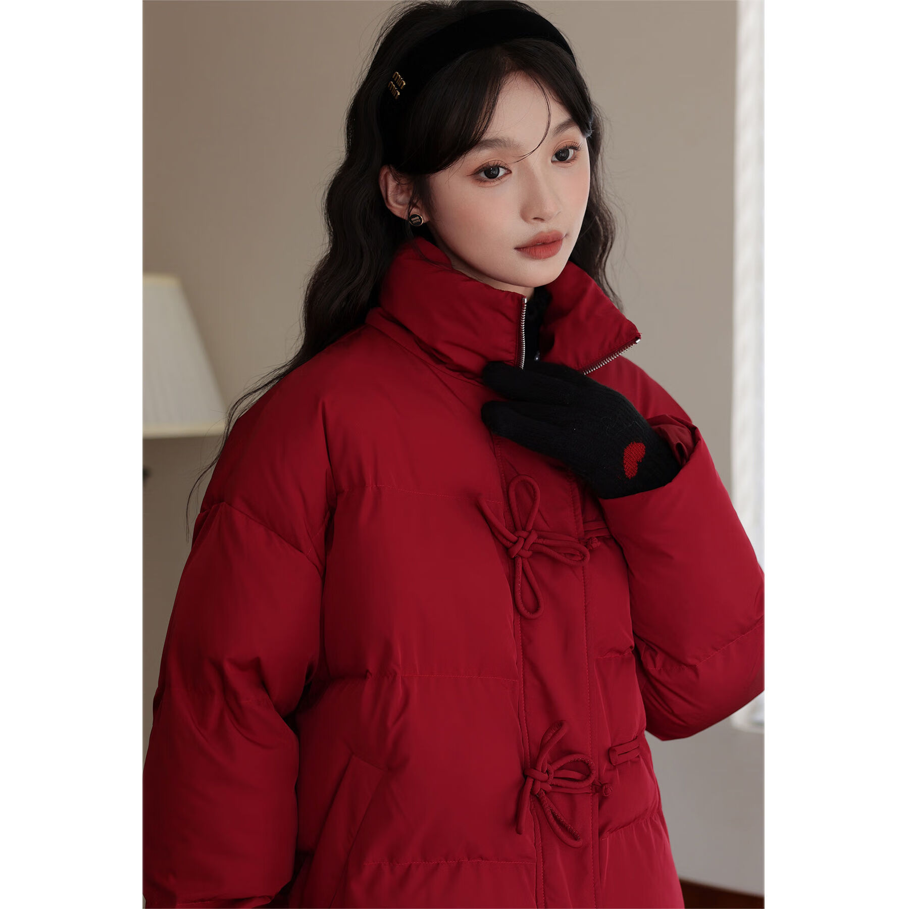 璀姗过年衣服套装女女生穿搭《北城有雪》红色中国结棉服外 枣红色.