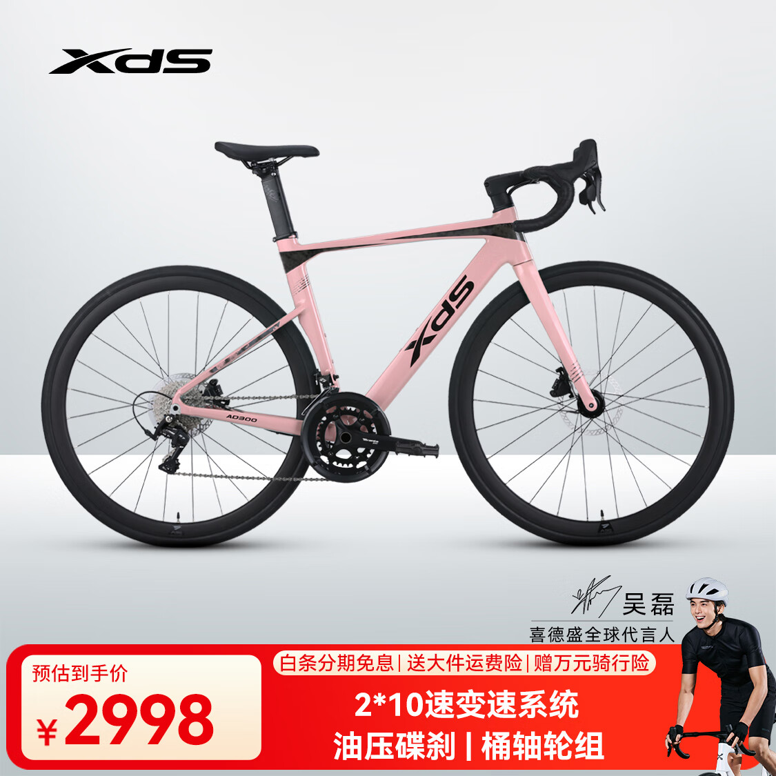 喜德盛公路自行車2025款A(yù)D300油碟UCI車架2x10速中空一體牙盤桶軸破風(fēng)車 緋蛇 420mm
