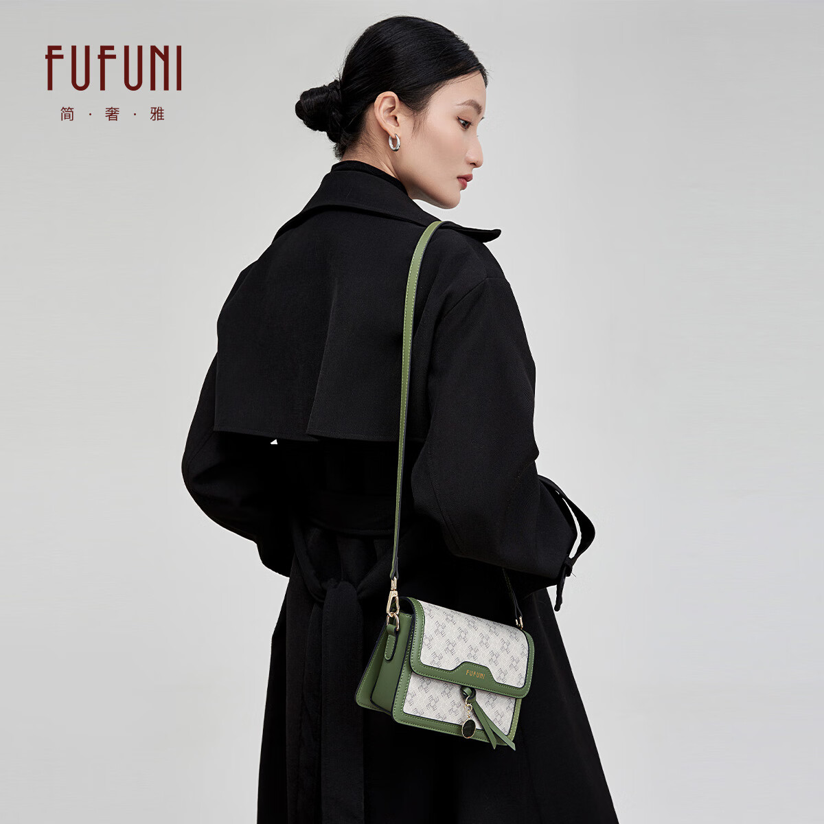 FUFUNI弗芙妮国庆出行包现货速发2025新款时尚老花小方包女包包单肩包女斜挎包 筠绿-赠精美挂饰