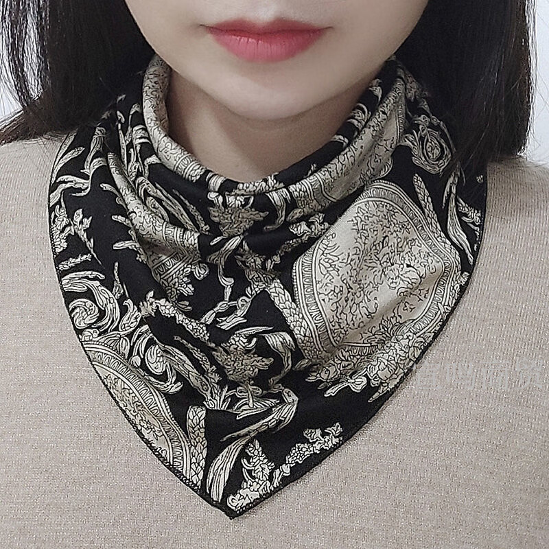 HACNSKD围脖 护颈女士秋冬季薄款三角围巾百搭保暖时尚假领子成人按摁扣 花开富贵 + 几何条纹