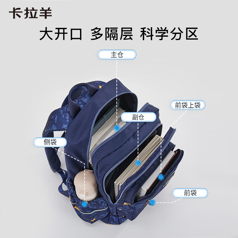 卡拉羊多层减负1-3-6年级书包女透气超轻中学生男双肩背包TX5216 26L丨藏青(4-6年级初高中)