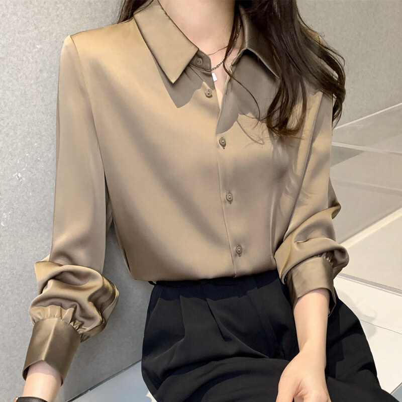 kwgo高级感色缎面衬衫女春秋长袖洋气正装气质衬衣 卡其色 s 90-105斤