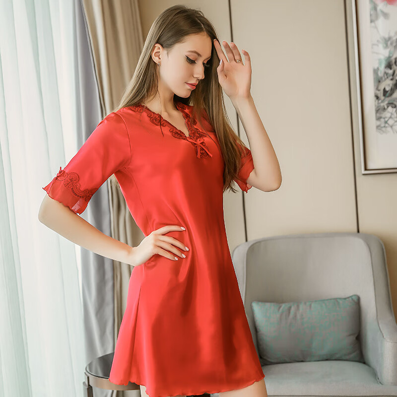 夏季睡衣女薄款短袖睡裙韩版仿真丝绸性感家居服 红色 M