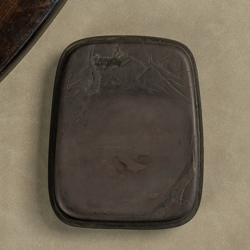 culture清代山水纹随形端砚(红木砚盒)文玩古董收藏书房桌面摆件砚台