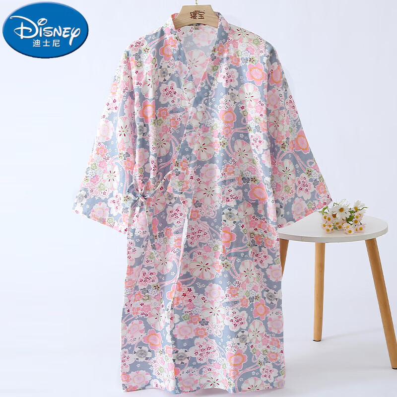 迪士尼（Disney）浴袍甜美日式和服女秋季棉質紗布薄款睡衣系帶柔軟睡裙浴袍汗蒸服 藍色 L 120-155斤