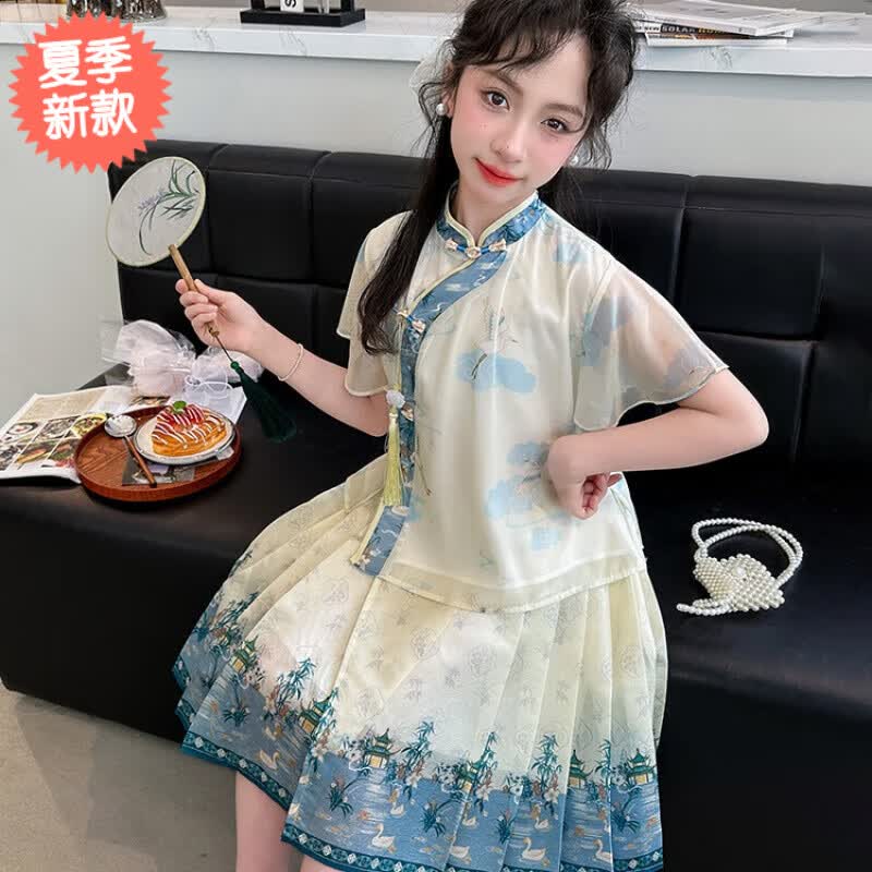 贝格菲马面裙儿童民族服装女童夏季套装9-12岁女孩子国风新中式汉服
