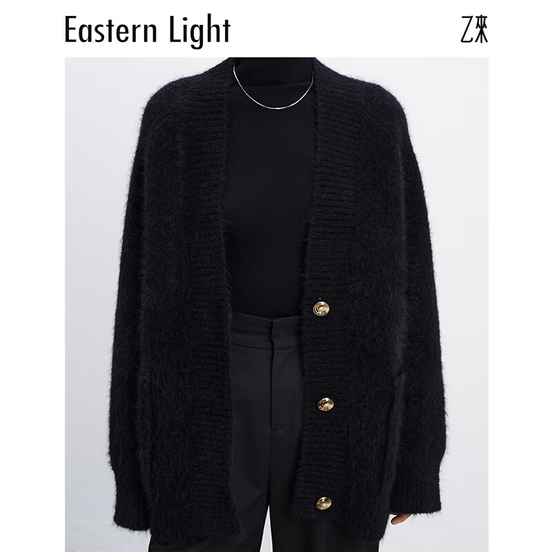 乙来（EASTERN LIGHT）【Alpaca羊驼毛长毛】秋冬针织开衫衣保暖外套 上衣-优雅黑 S