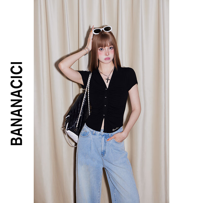 banana cici2024年初秋新复古辣妹风款缩褶百搭V领短袖针织开衫C243MY020 黑色 S