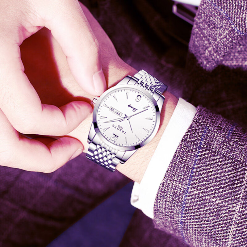 CLNAI时尚潮流男表防水夜光双日历星期钢带大气男士手表男款考试腕表 间金白面【日期+星期+夜光】 39mm