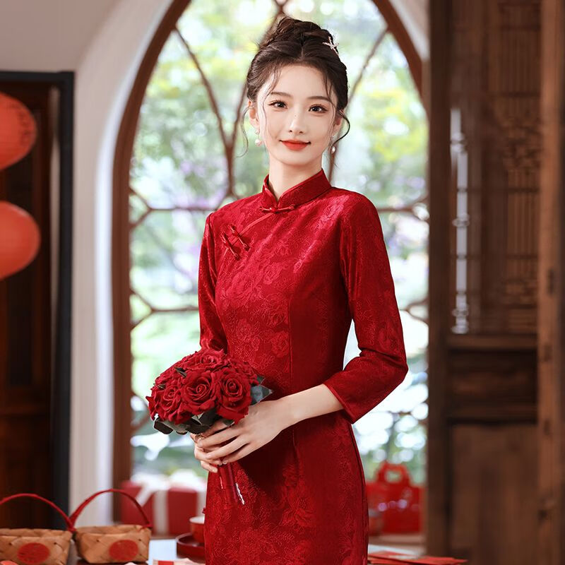 anmifu 安蜜芙马面裙敬酒服胖妹妹中式旗袍女新款酒红色新娘结婚订婚