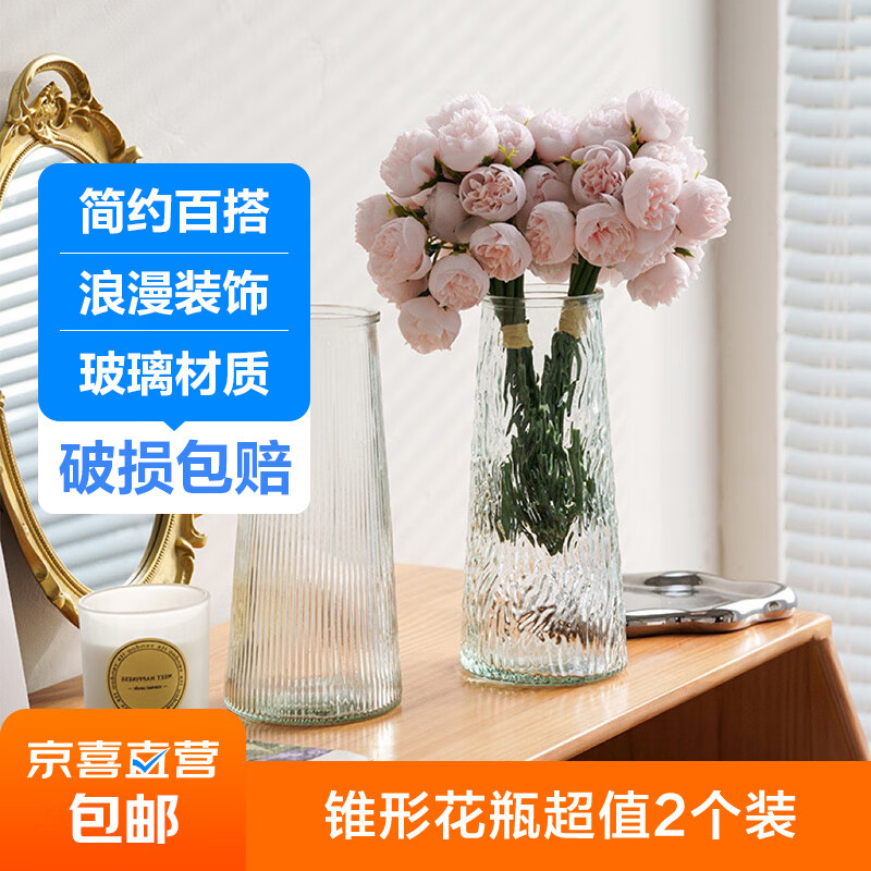 玻璃花瓶透明植物插花瓶水培容器大花瓶装饰客厅摆件 锥形花瓶2个装（图案各一）