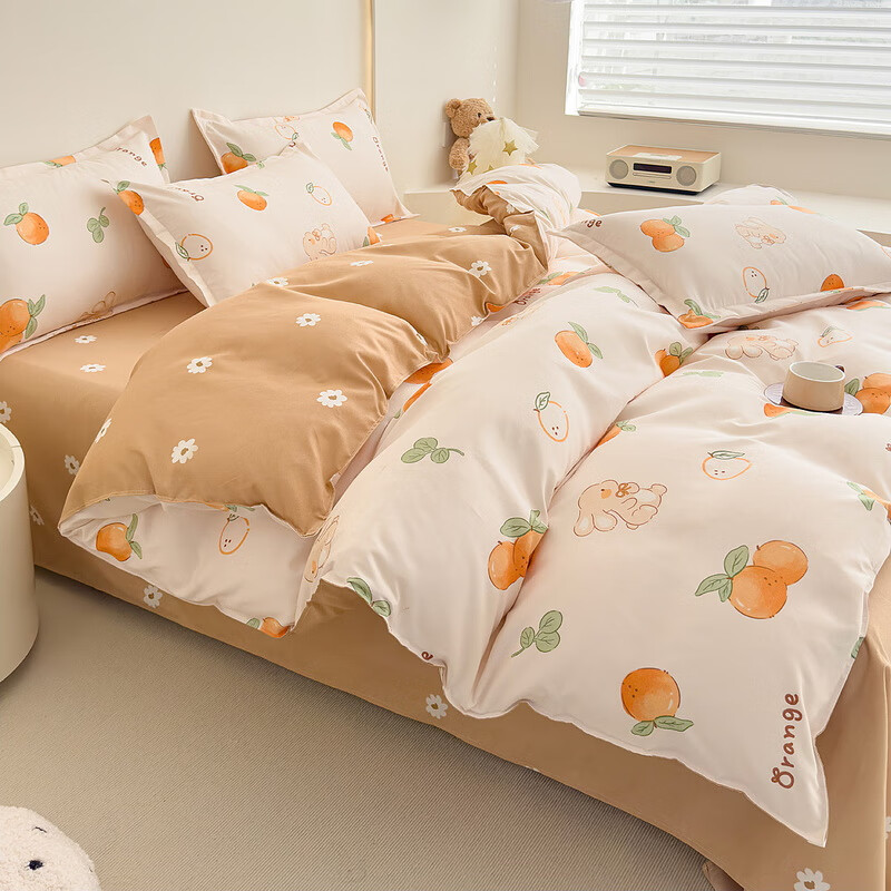 多兰诗（Duolanshi）春夏磨毛四件套 斜纹印花卡通套件被套床单宿舍四季床上四件套 大吉大利 1.8米 床笠款 /被套200*230 四件套
