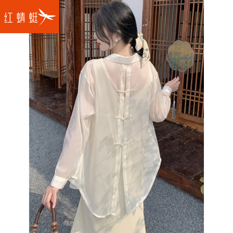紅蜻蜓（RED DRAGONFLY）露背防曬襯衫外套女夏薄紗雪紡冰絲國風(fēng)新中式開衫襯衣中長款上衣 米白色 2XL 【建議140-150斤】