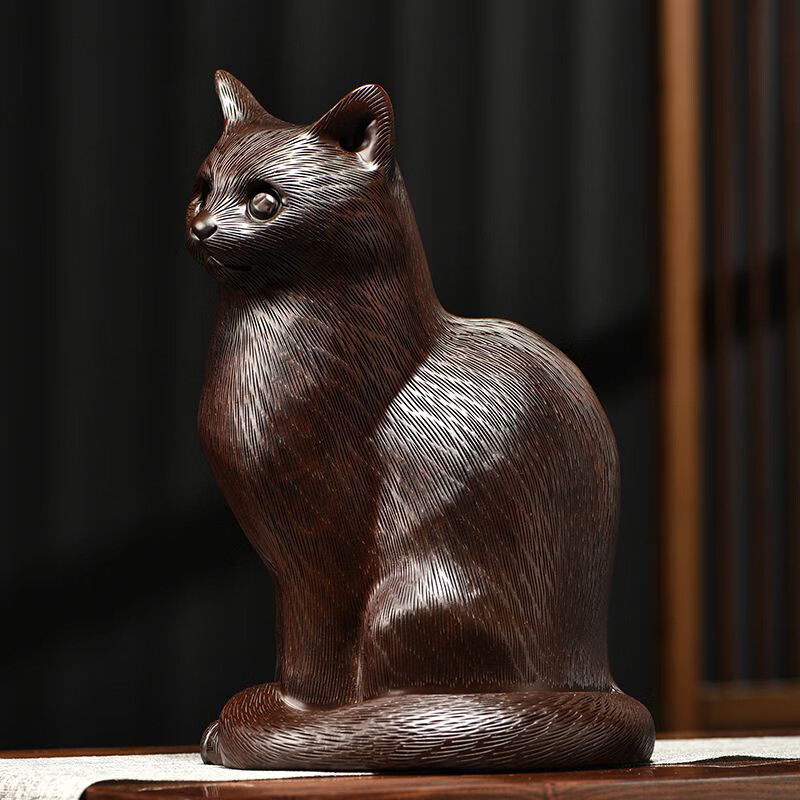 木雕摆件猫咪实木头雕刻动物家居客厅桌面办公司装饰礼品摆件 木猫咪