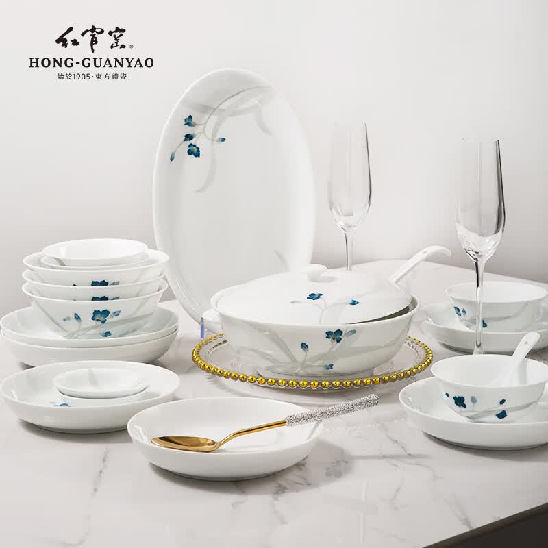 红官窑国瓷幸福兰花餐具整套釉下彩家用食品级碗盘筷耐高温陶瓷乔迁好礼 幸福兰花【10人食】新升级 52件套