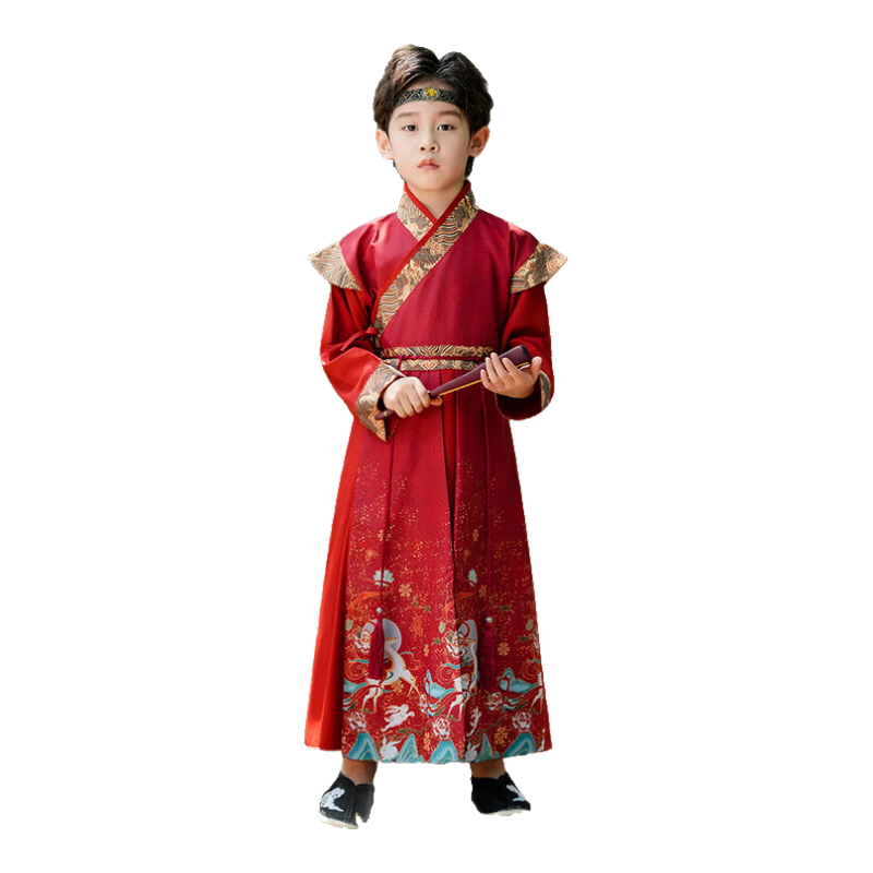 安巧象（ANQIAOXIANG）男童漢服古裝兒童國學(xué)服唐裝男孩三字經(jīng)書童演出服TFSL 紅色 130