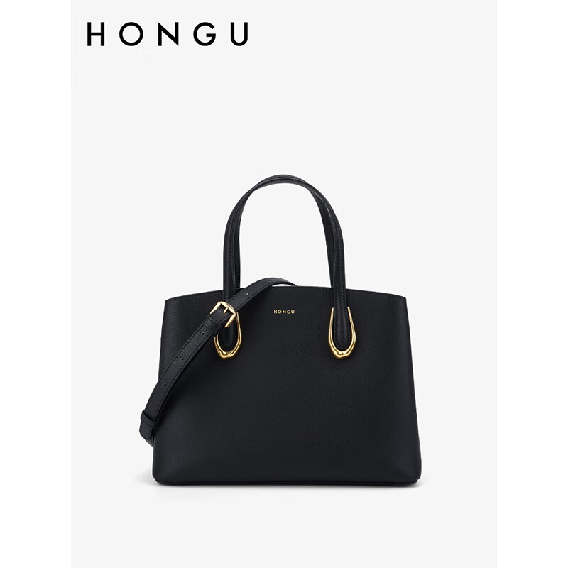 红谷(hongu)女包大容量牛皮杀手包纯色休闲婚包手拎单肩 漆黑