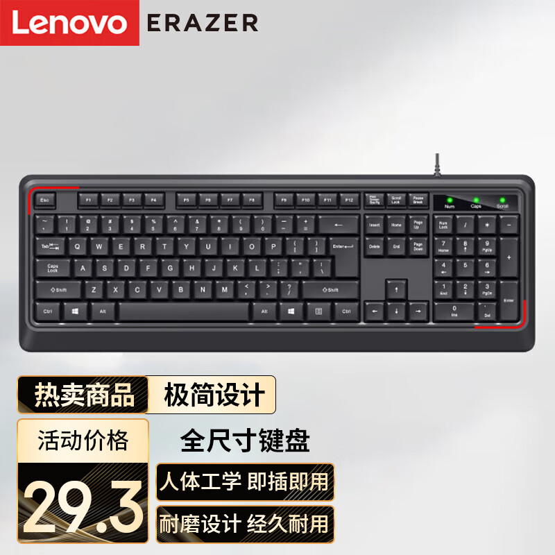 联想（Lenovo）异能者 有线键盘 K201  键盘 有线 商务办公键盘 全尺寸键盘 即插即用 键盘（黑色）