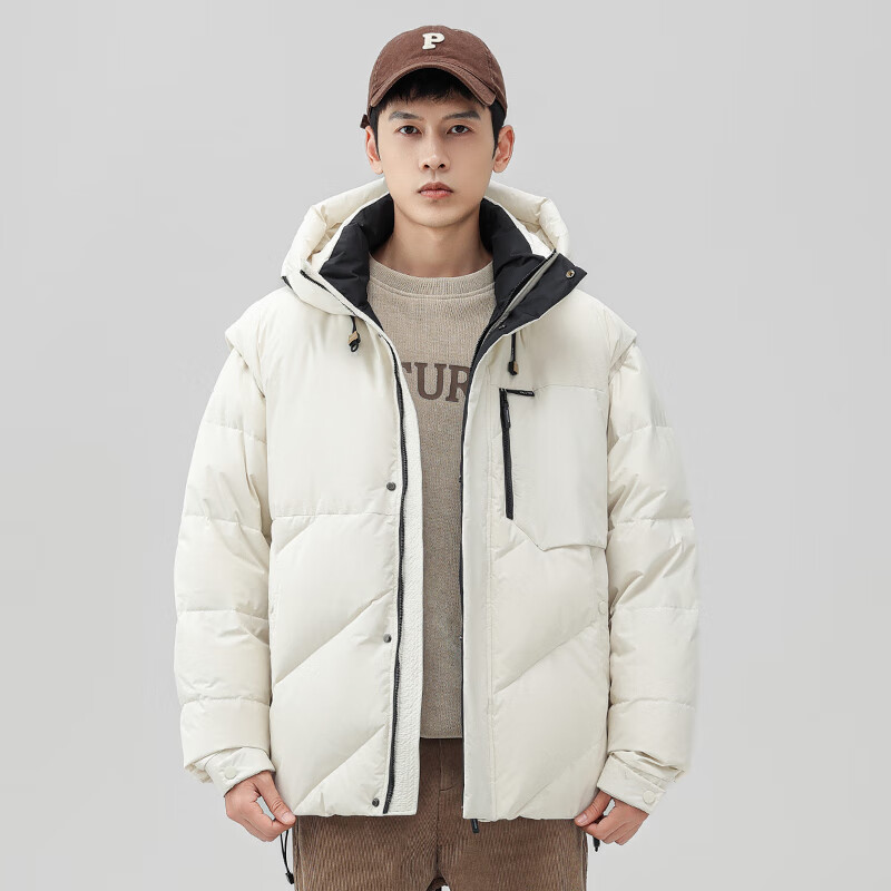 连帽羽绒服男冬季新品原创高品质90%白鸭绒短款男女同款外套 米白 m