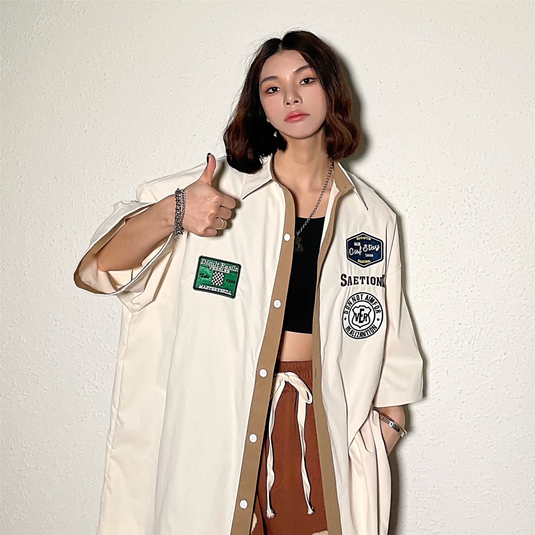 橦舟渡中性风穿搭 痞帅女夏季美式复古棒球领短袖衬衫薄款高街潮牌