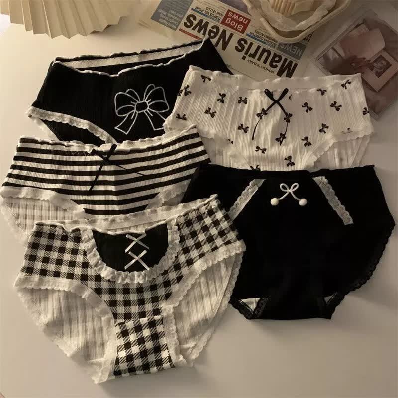 日系甜美少女新款内裤女黑白格子条纹蝴蝶结裆透气三角裤学生 5条装 M 建议65-85斤