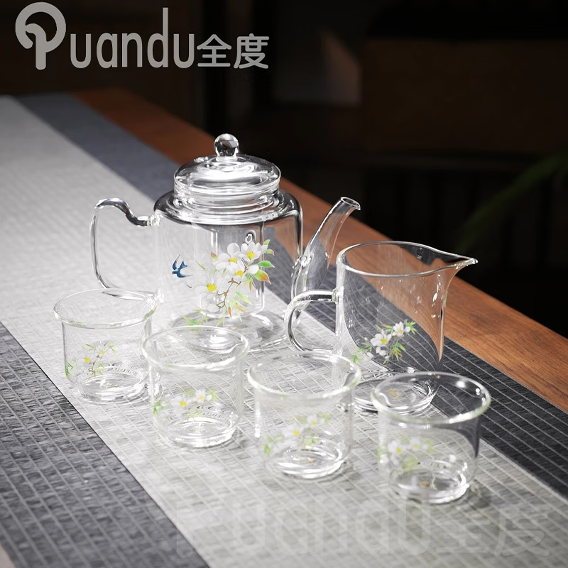全度玻璃泡茶壶家用耐高温玻璃茶壶花茶过滤功夫茶具办公室茶壶加厚 春意茶壶套组【无茶盘】 6件