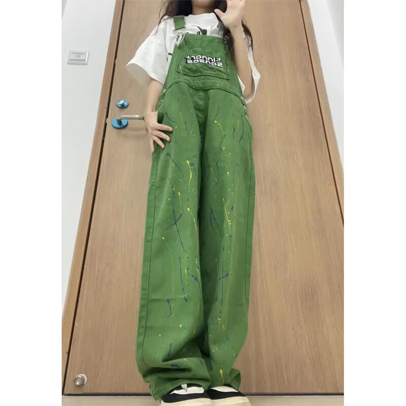 背带裤女秋季设计感穿搭多巴胺穿搭泼墨牛仔背带裤女秋季新款 绿色 高