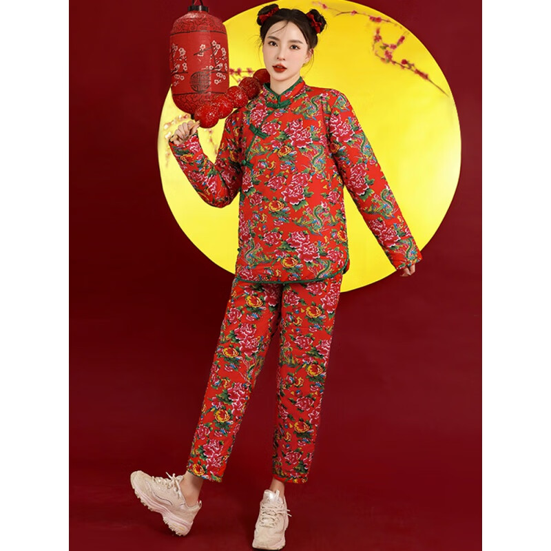 汀晨东北大花睡衣冬季大花棉袄女村姑服装民族风套装搞笑伴娘服 红色