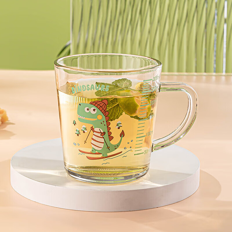 乐唯诗（LOVWISH）玻璃带刻度牛奶杯儿童吸管水杯喝奶杯泡冲奶粉专用大宝宝早餐杯 卡通吸管杯【恐龙】300ml1只