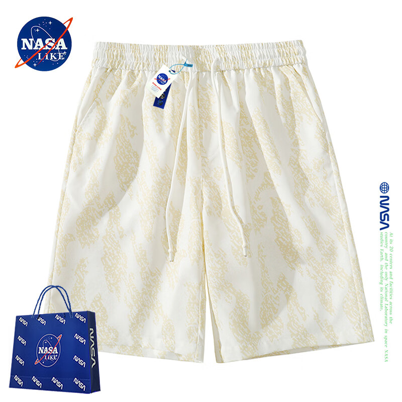 NASA LIKE官方潮牌短裤男夏季薄款冰丝休闲五分裤直筒运动沙滩裤情侣中裤子 白色 XL