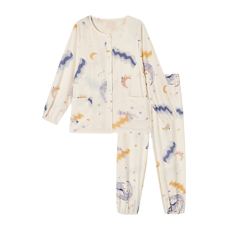 unisunny月子服產(chǎn)后喂奶專用衣服春夏外出孕婦裝產(chǎn)婦家居服時尚哺乳睡衣 米色 M