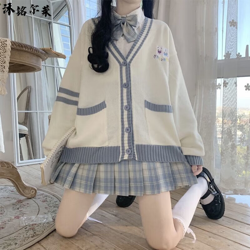 沐銘爾萊 jk制服開衫毛衣套裝秋冬襯衫日系軟妹學(xué)院風(fēng)學(xué)生校服水手服 【單件】襯衫+白瞑領(lǐng)結(jié) XS 60-80