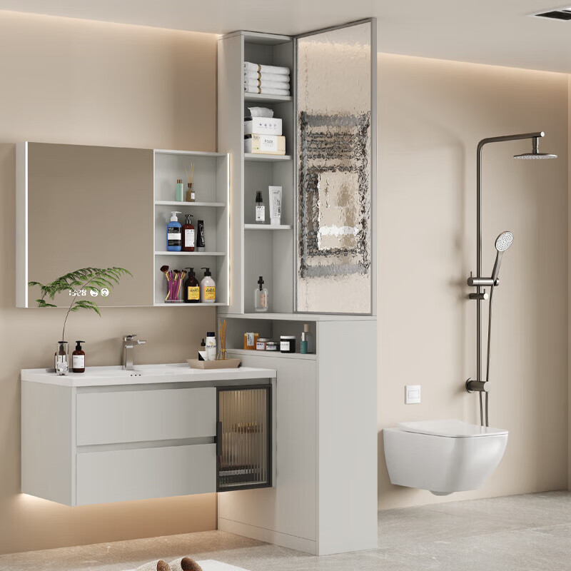 鹏莱乐蜂窝铝浴室边柜卫生间干湿分离半墙隔断柜洗漱台边柜防水侧柜定制 【灰左侧】半墙60*25*110cm